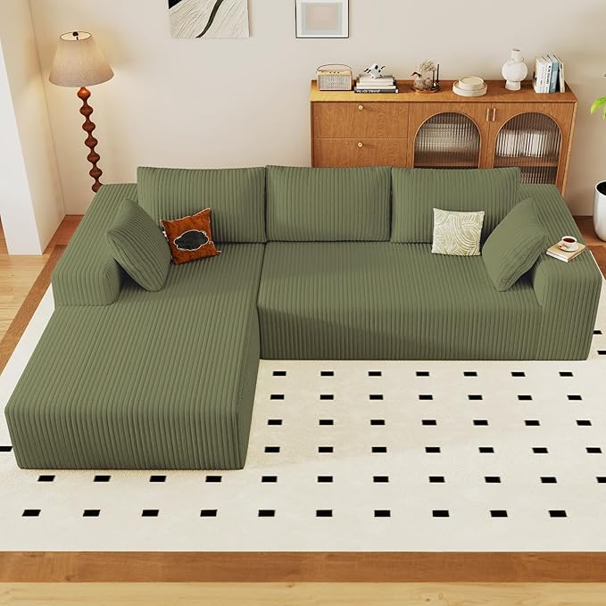 96" Cloud Sectional Couch with L-Shape Chaise, Modern Corduroy Boneless Couch for Living Room,Memory Foam Sofa with Deep Seat,No Assembly Required (Green,Left-Facing Chaise)