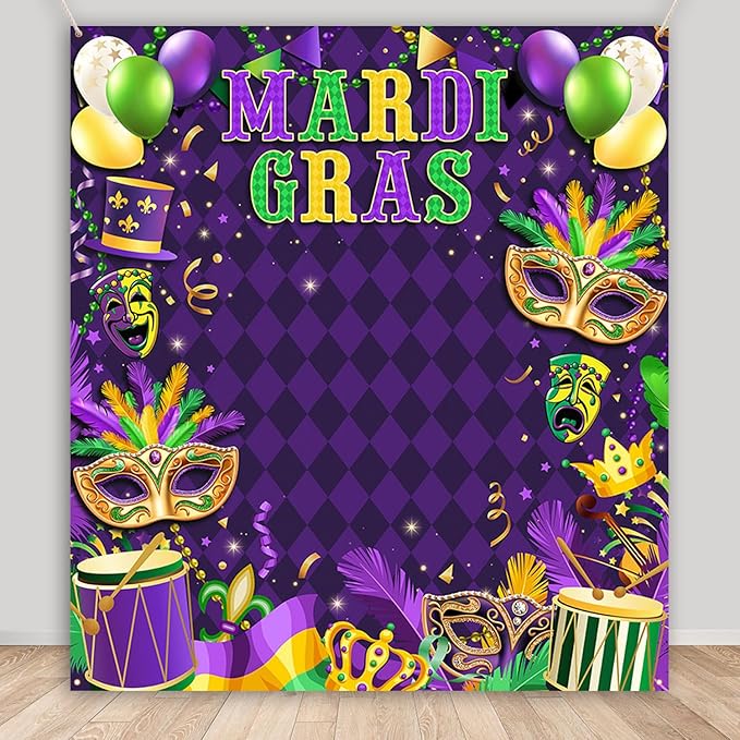 AIBIIN Mardi Gras Backdrop Mardi Gras Decorations Photo Booth Props Carnival Masquerade Mask Banner Purple Glitter Beads M...