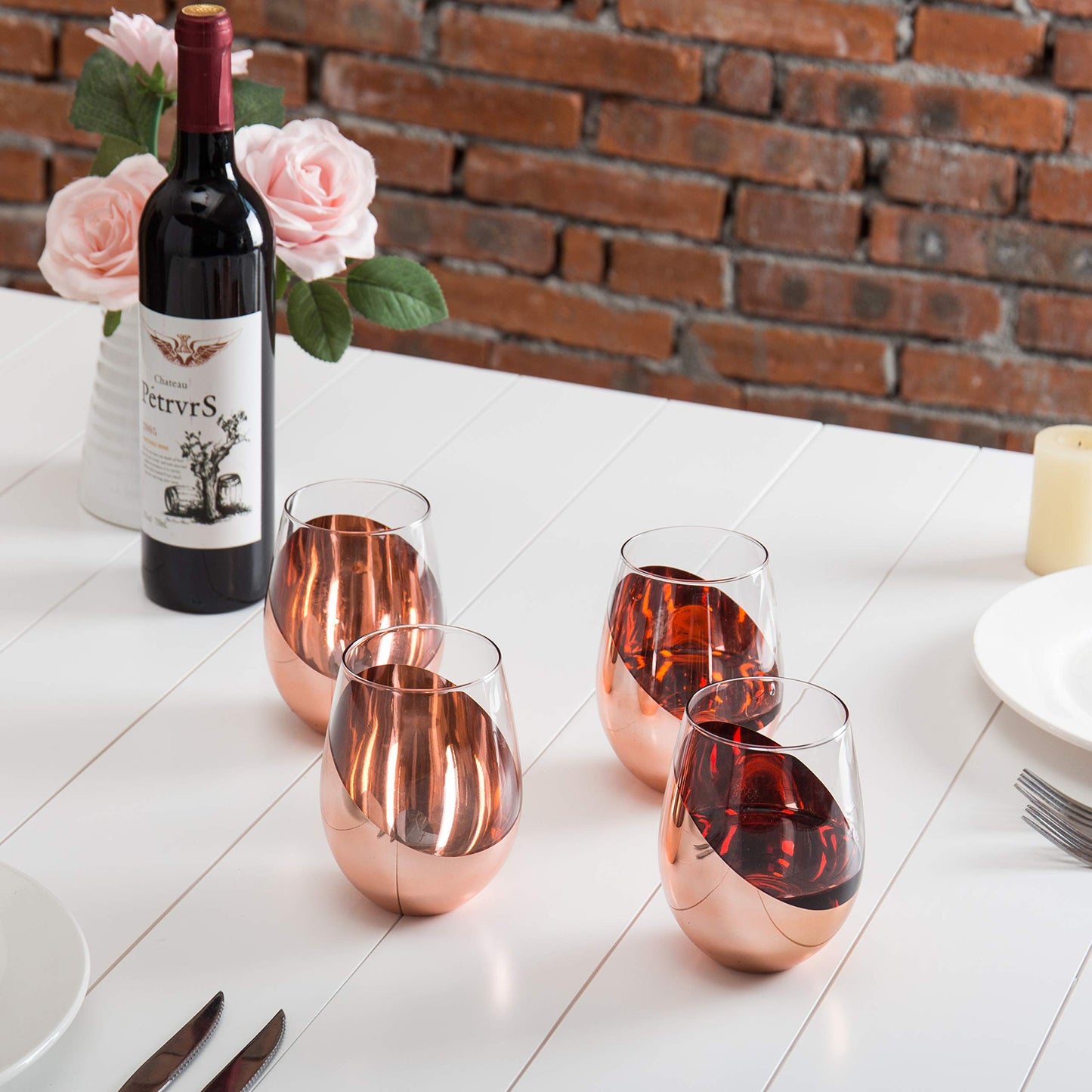 MyGift Stemless Wine Glasses Set of 4 - Copper Accent Modern Barware, Elegant Wedding & Celebration Cups with Luxe Metallic Finish, Dishwasher Safe
