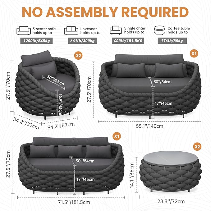 Erotr Patio Conversation Deck Furniture Sets: 6-Piece Aluminum Woven Rope Outdoor Sofa Set - Modern Cushions Couch Set - No Assembly Metal Porch Seating for Deck Yard Garden Hotel Resort, Dark Grey