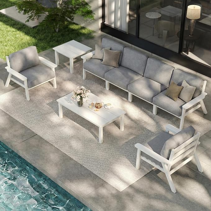 Patio Kingdom 7 Piece Patio Furniture Set, HDPE Outdoor Sectional with Gray Washable Thick Cushions, Coffee Table & Side Table, Patio Conversation Sets for Lawn, Garden, Porch, Balcony (White Frame)