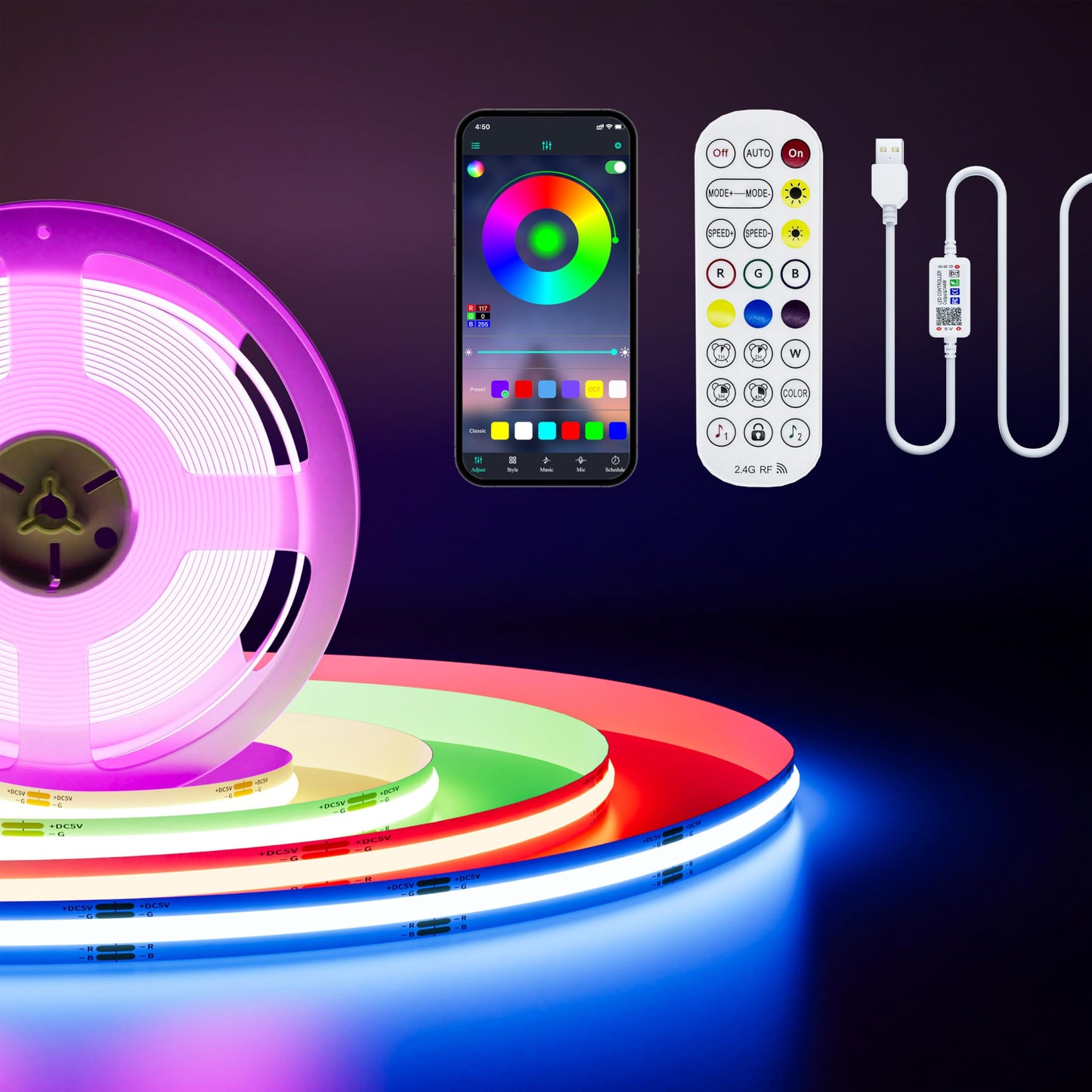PAUTIX 5V USB COB RGB LED Strip Light 9.84ft/3m Color Changing Light Strips,TV Backlight Multicolor Flexible Under Cabinet Tape Lights with Bluetooth Control for Bedroom,Kitchen,Home DIY Lighting