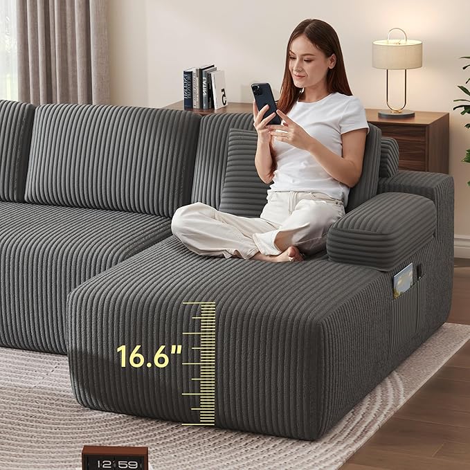 DURASPACE 126.2'' U Shaped Modular Sectional Sofa Couch Convertible 4-Seater Boneless Couches for Living Room (Gray)
