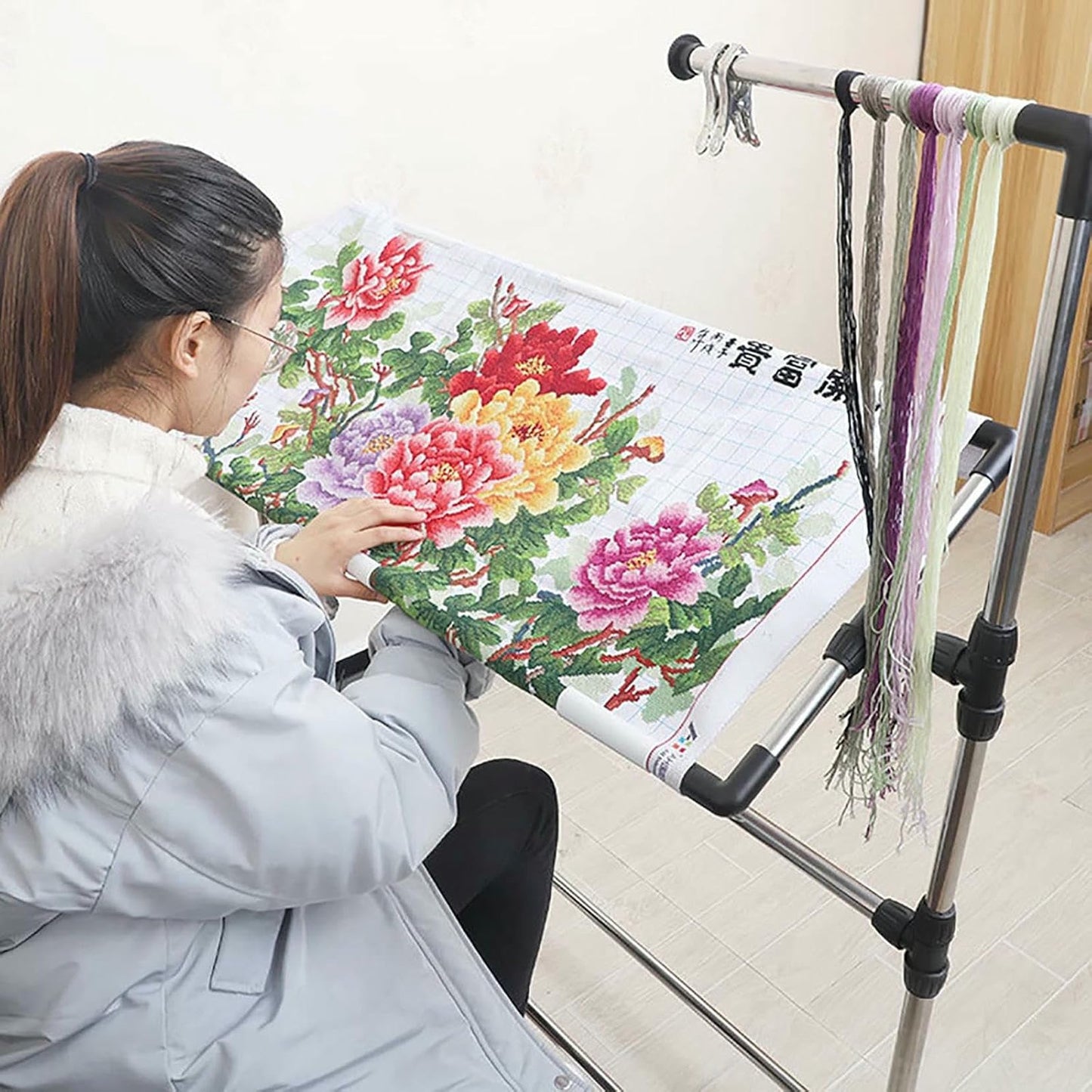 Height Adjustable Cross Stitch Craft Stand - Adjustable Embroidery Stand with Needlework Floor Frame for Art Sewing - Standing Embroidery Lap Table and Holder for Needlepoint~/