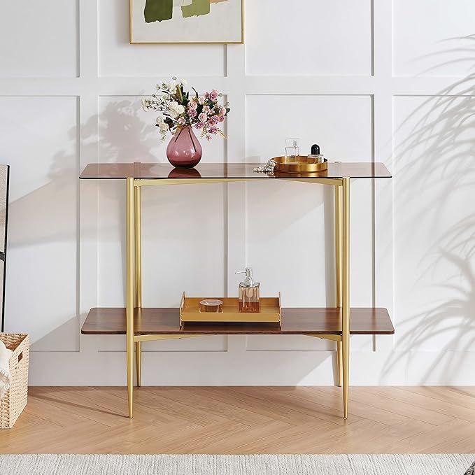 Pine Flicker Rectangle Glass Console Table, Mid-Century Modern Design, L41*W14*H32 inch, for Living Room, Amber Glass Top and Walnut Finish Wood Shelf, Conical Metal Legs with Gold Finish