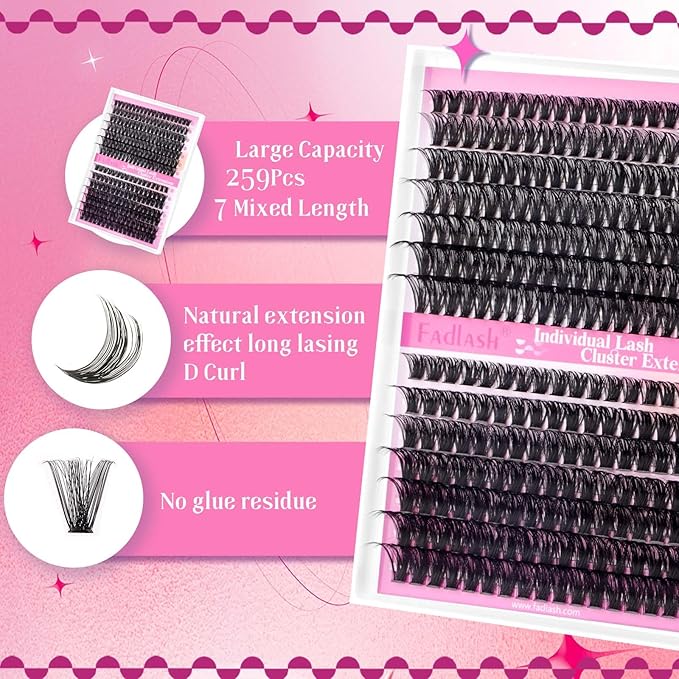 FADLASH Eyelash Extension Kit Lash Clusters D Curl Mix Tray Thin Band DIY Lash Extension Kit with Lash Bond and Seal Lash Tweezers Eyelash Applicator Tool Individual Lashes(60D+80D Kit,07D-10-18mm)