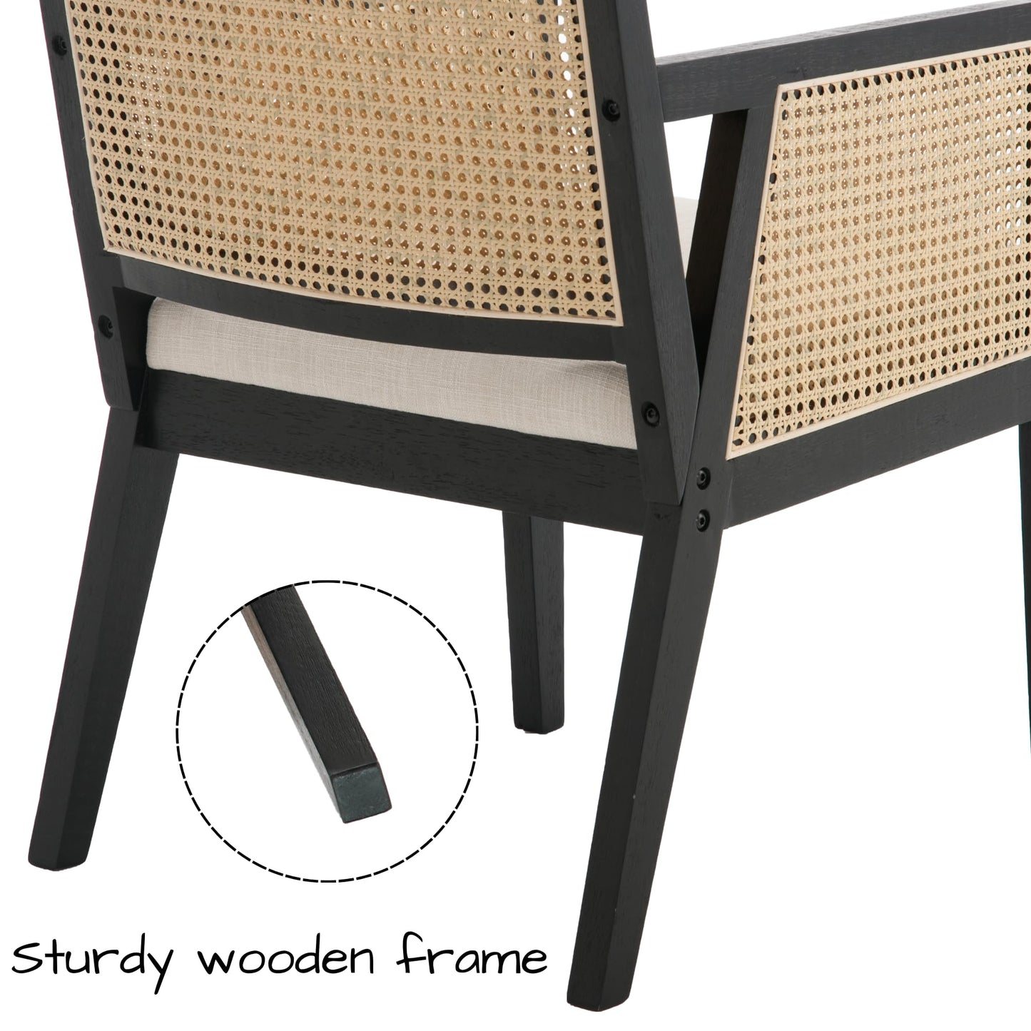 BESTANO Rattan Back Dining Chairs with Arms Set of 2, Mid Century Modern Dining Chairs Linen Fabric Upholstered Kitchen Chairs Side Chairs with Black Wooden Frame for Dining Room, Cream