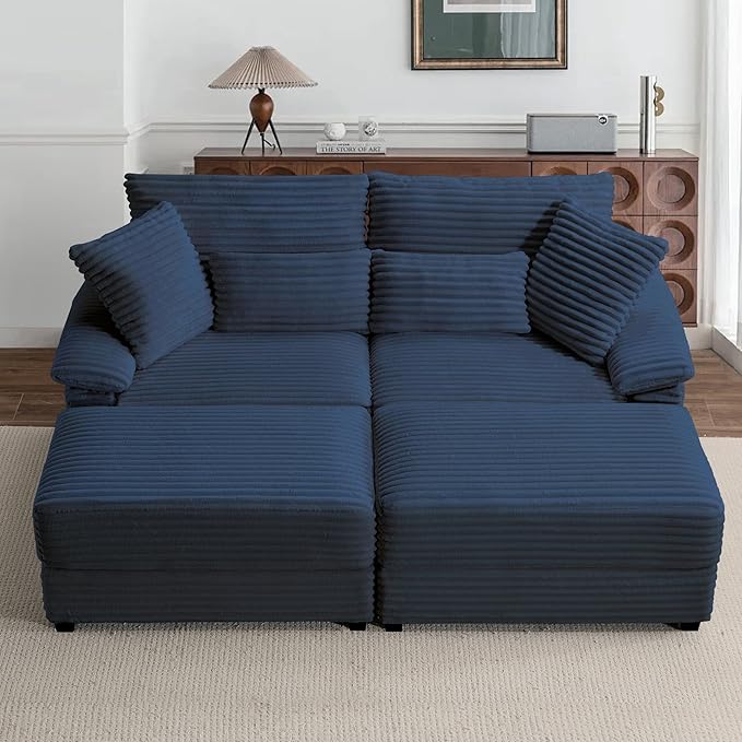 SUNWAVE 74" W Double Chaise Lounge Chair Indoor, Oversized Loveseat with Storage Ottoman, Corduroy Couch with USB Charging, Removable Ottoman, and Coffee Table Cushions for Living Room, Apartment