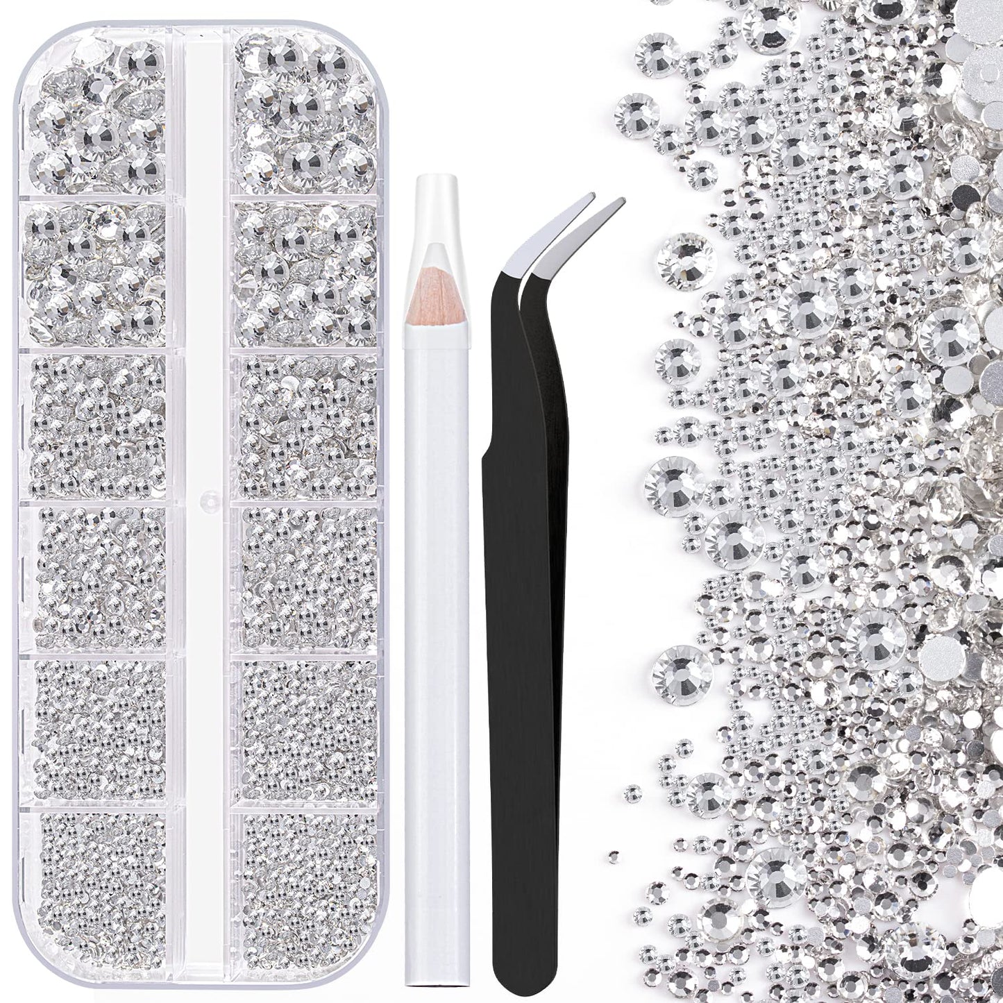 One Pack 2000 Pcs of Flatback Transparent White Clear Round Crystal Rhinestones 6 Sizes (1.5-6 mm) with Nail Art Rhinestone Pick