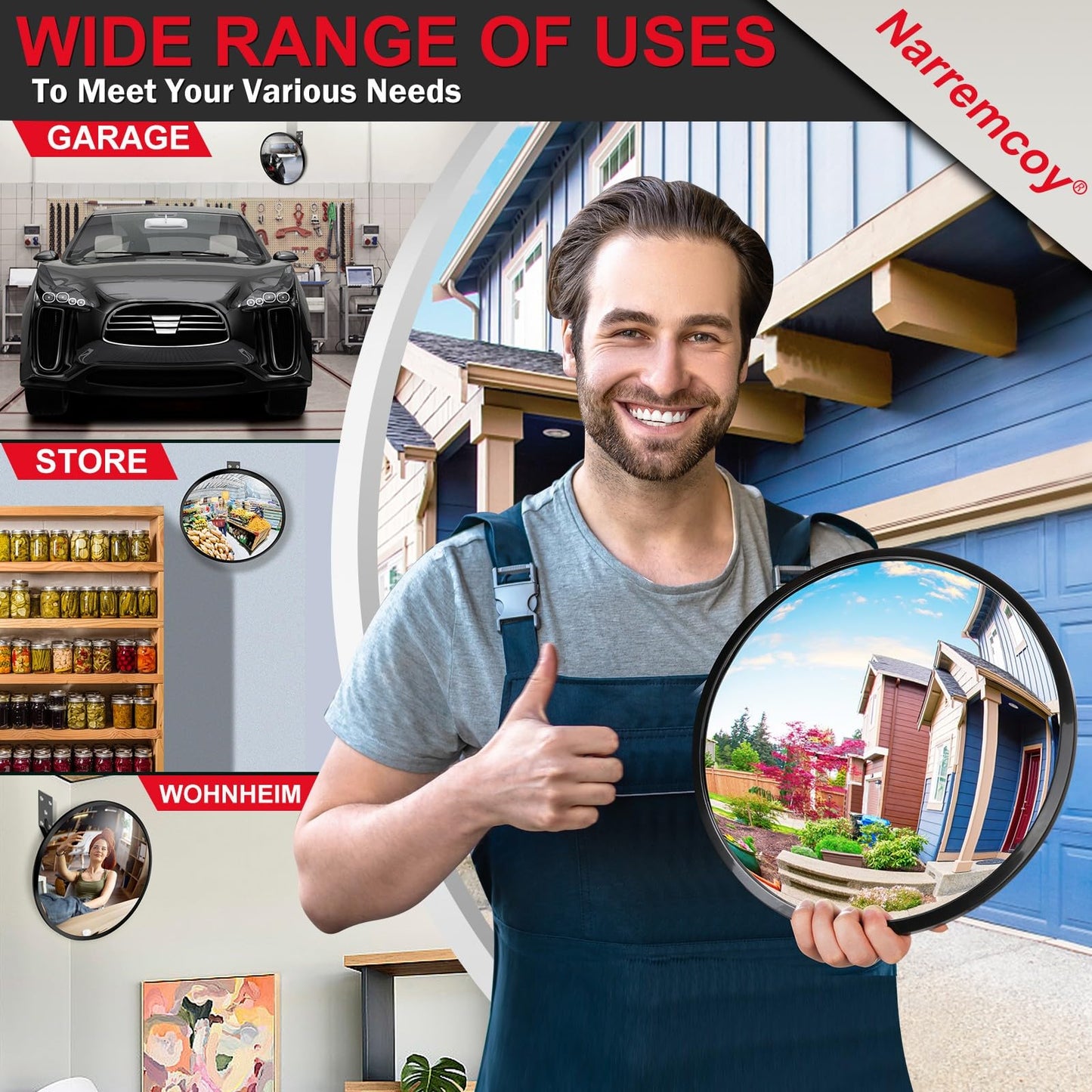 Narremcoy 12 inch Acrylic Convex Mirror, Adjustable Wide Angle View Indoor Security Mirror, Corner Security Blind Spot for Warehouse, Office, Parking Garage and Traffic Safety