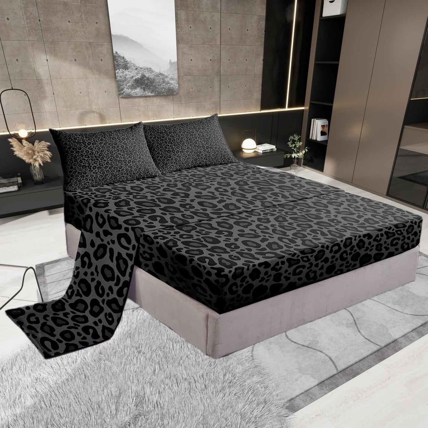 Castle Fairy Leopard Print Fitted Sheet Set Full Size 4 Pcs,Gray Wild Animal Skin Teens Sheets,African Cheetah Wildlife Bedding Sets (1 Fitted,1 Flat,2 Pillowcases) Luxury Deep Pocket Bed Sheets