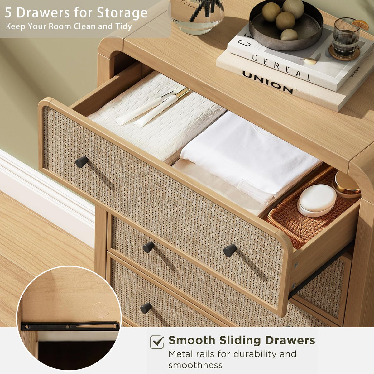 Oak&Sparrow 5 Drawer Tall Dresser for Bedroom, 47'' Rattan Dresser with Ample Storage, Boho Chest of Drawers, Thickened Curved Profile Design, Oak Dressers for Bedroom, Living Room