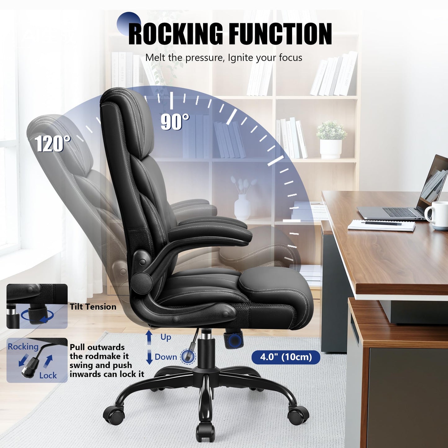 Primy Office Chair, Ergonomic Leather Desk Chair with Flip-up Armrests, Big and Tall High Back Executive Computer & Gaming Chair with Footrest, Comfy Padded, Rocking Function and Lumbar Support(Black)