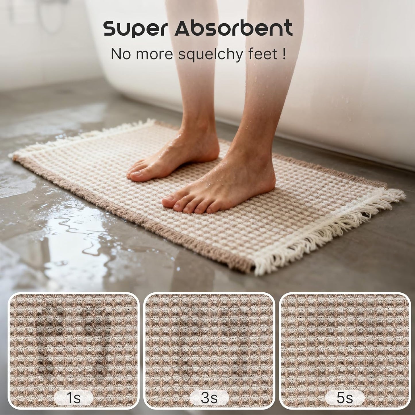 ArtyCozy Waffle Bath Mat, Super Absorbent Soft Non-Slip Boho Bath Rugs with Flat-Woven Hot Glue Backing for Bathroom, Machine Washable Bath Mats, 20" × 47", Brown & White