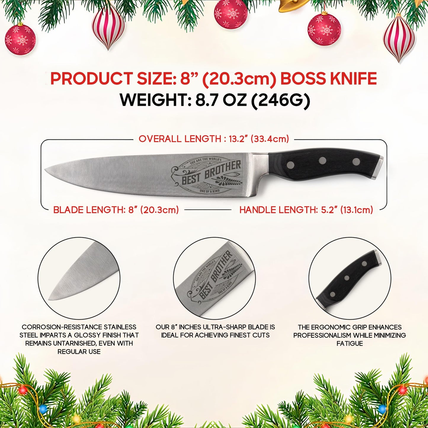 CUTLINX Premium Chef Knife Gift - Engraved BEST BROTHER - 8" Stainless Carbon Steel Kitchen Knive w/Pakka Wood Handle - Birthday, Father's Day, Christmas, Anniversary, or Housewarming Gifts