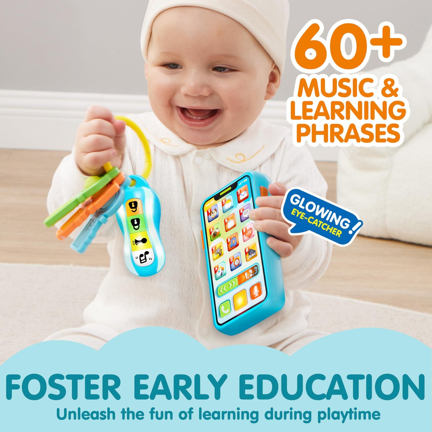 JOYIN Baby Musical Toy Phone and Car Keys Teether Set, 60+ Music and Learning Phrases, Baby Learning Toys 10 Months, Toddler Birthday Gifts for Girs Boy, Easter Basket Stuffers