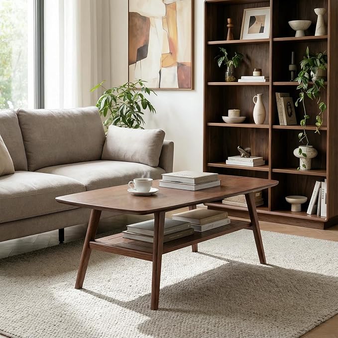 Hymus Solid Wood Coffee Table - 2-Tier Modern Center Table, Living Room Tables with Double Storage for Living Rooms, Bedrooms, and Offices (Walnut, 39.37" D x 19.69" W x 17.32" H)