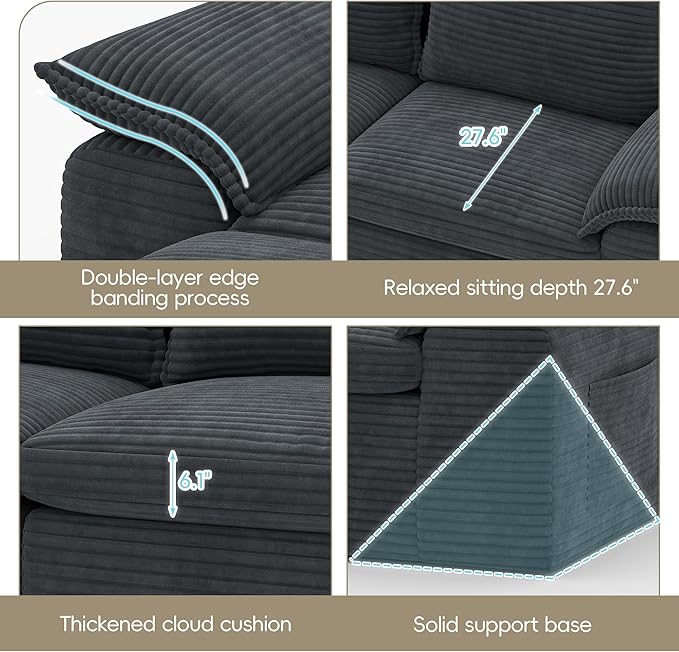 Buytime 104" Comfy Cloud Couch, Convertible Boneless Couches for Living Room, L Shaped Modular Sectional Sofa with Deep Seat, Double-Layer Cloud Cushion and Headrest, Pebble Grey
