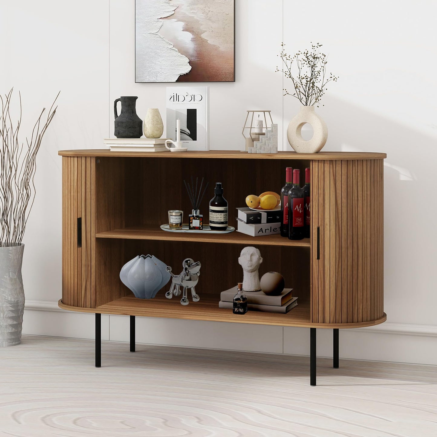 Janmer Home 47.2" Fluted Storage Cabinet with Sliding Tambour Doors, Mid Century Modern Buffet Sideboard with Storage, Oval Curved Accent Cabinet for Living Room Kitchen (Walnut)