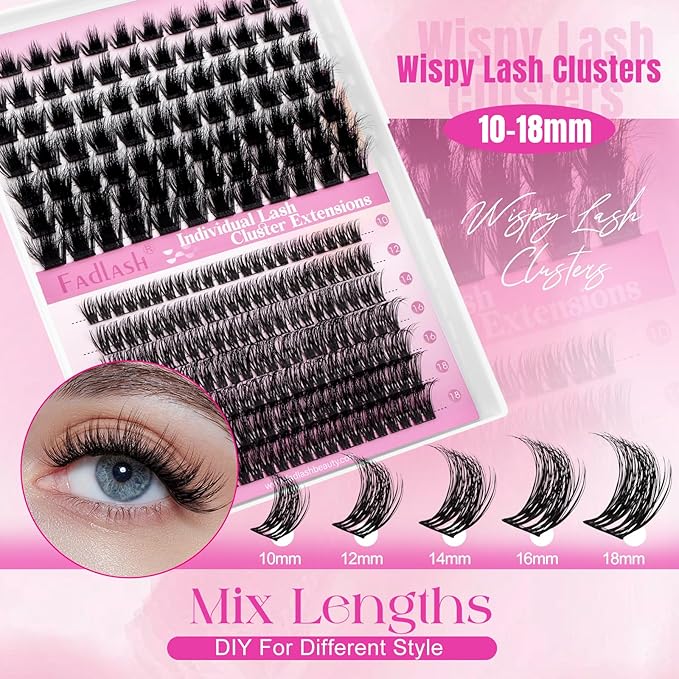 FADLASH Lash Clusters Individual Lashes 10-18mm Eyelash Clusters D Curl DIY Lash Extension Clusters Wispy Cluster Lashes (KLS242+CLS015-07D-Mix10-18)