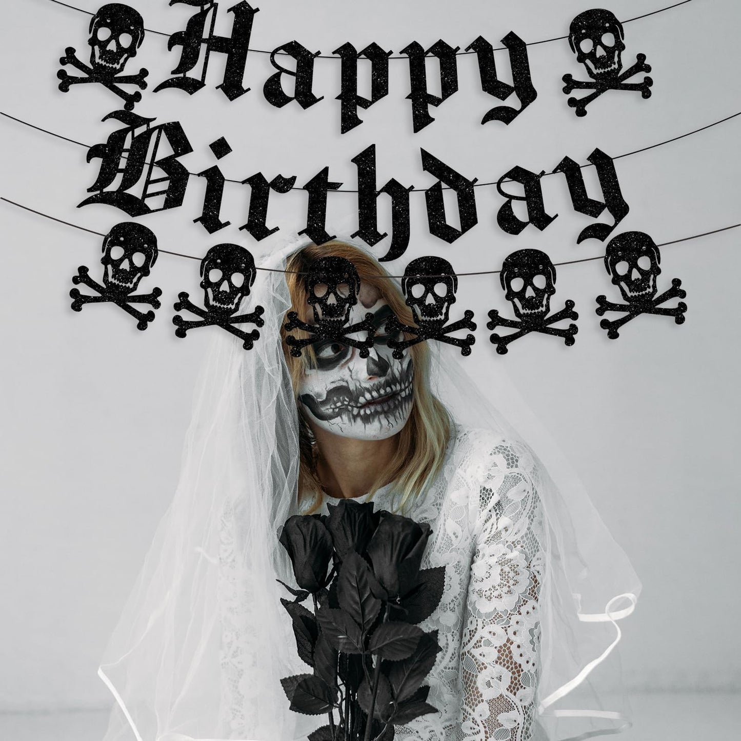 Gothic Happy Birthday Banner Black Glitter Old English Skull Garland Funny Funeral Birthday Banner for Scream Party,20th 30th 40th Birthday,Gothic Birthday Decorations,Halloween Party