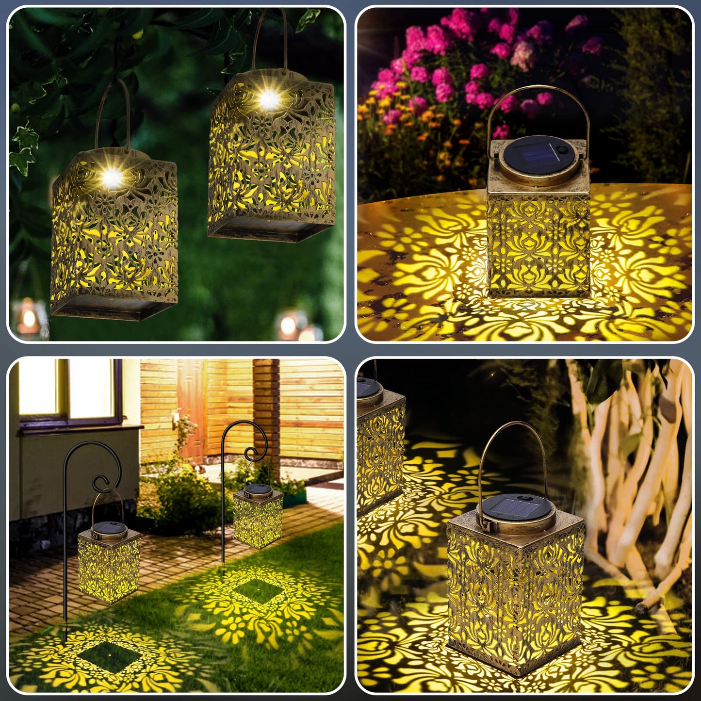 YWYWLED 2 Pack Bronze Solar Lanterns - Waterproof Metal Hanging Solar Lights Outdoor Decorative, Solar Powered LED Lamp for Patio Tabletop Porch Deck Yard Garden Decor for Outside (Rose)