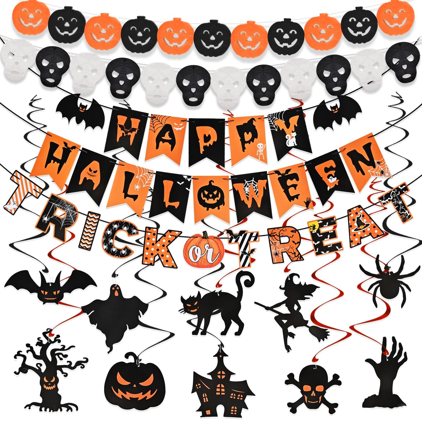 AhfuLife Halloween Party Decorations Set, Reusable Halloween Indoor Decorations Kit Including HAPPY HALLOWEEN Paper Banner for Home Decor, Trick or Treat Sign, Pumpkin Bat Hanging Swirl