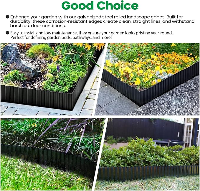 Camitlli Corrugated Metal Garden Edging,Sturdy Tall Landscape Edging Borders with 6pcs Anchor Stakes, Perfect DIY for Flower Beds, Lawn and Pathway,Tree Surrounds,Paver Edges (Black 8"×20FT)