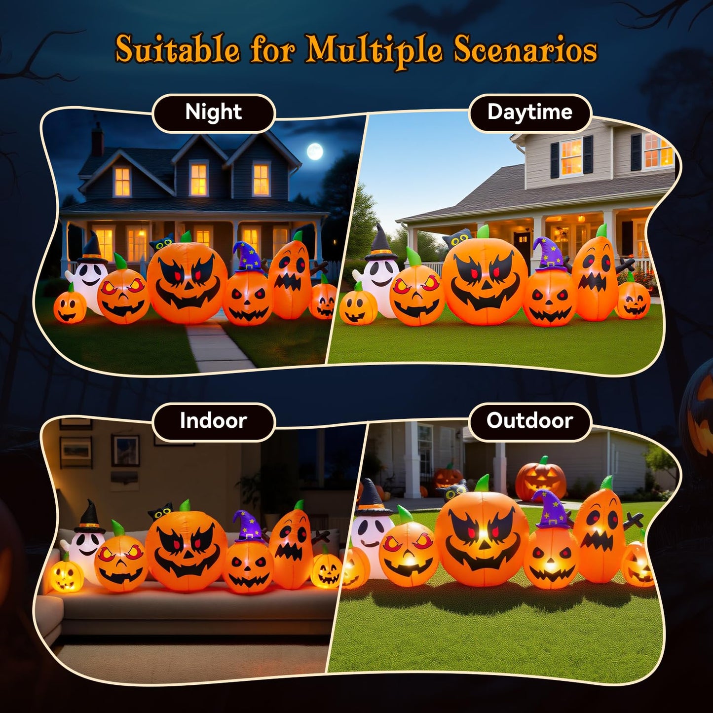 HUECLOR 9 FT Halloween Inflatables Pumpkin Outdoor Decorations with Cute Chost Cat and Witch Hat Built-in LEDs Blow Up Pumpkin for Party Yard Lawn Garden Outside Decor