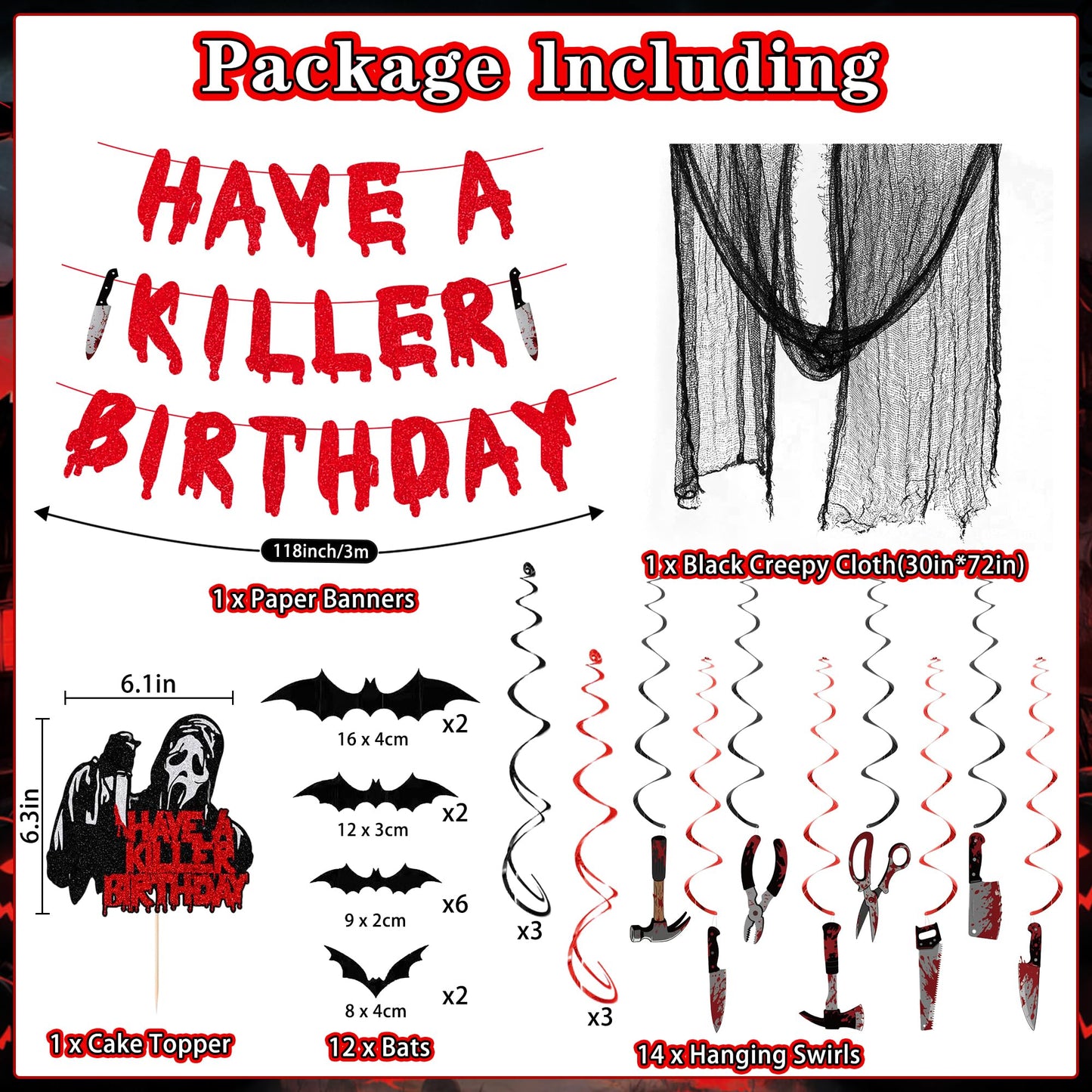 Trgowaul Halloween Horror Birthday Decorations, 31PCS Halloween Party Supplies, Hanging Swirls, Killer Cake Topper, Banner, Black Creepy Cloth&3D Bat Sticker for Spooky Haunted House Fireplace Decor