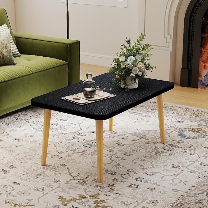 Funecy Coffee Table Low Table with Solid Wood Sturdy Legs, Floor Table Desk for Sitting on The Floor, Storage and Living Room Furniture (Black-Square)