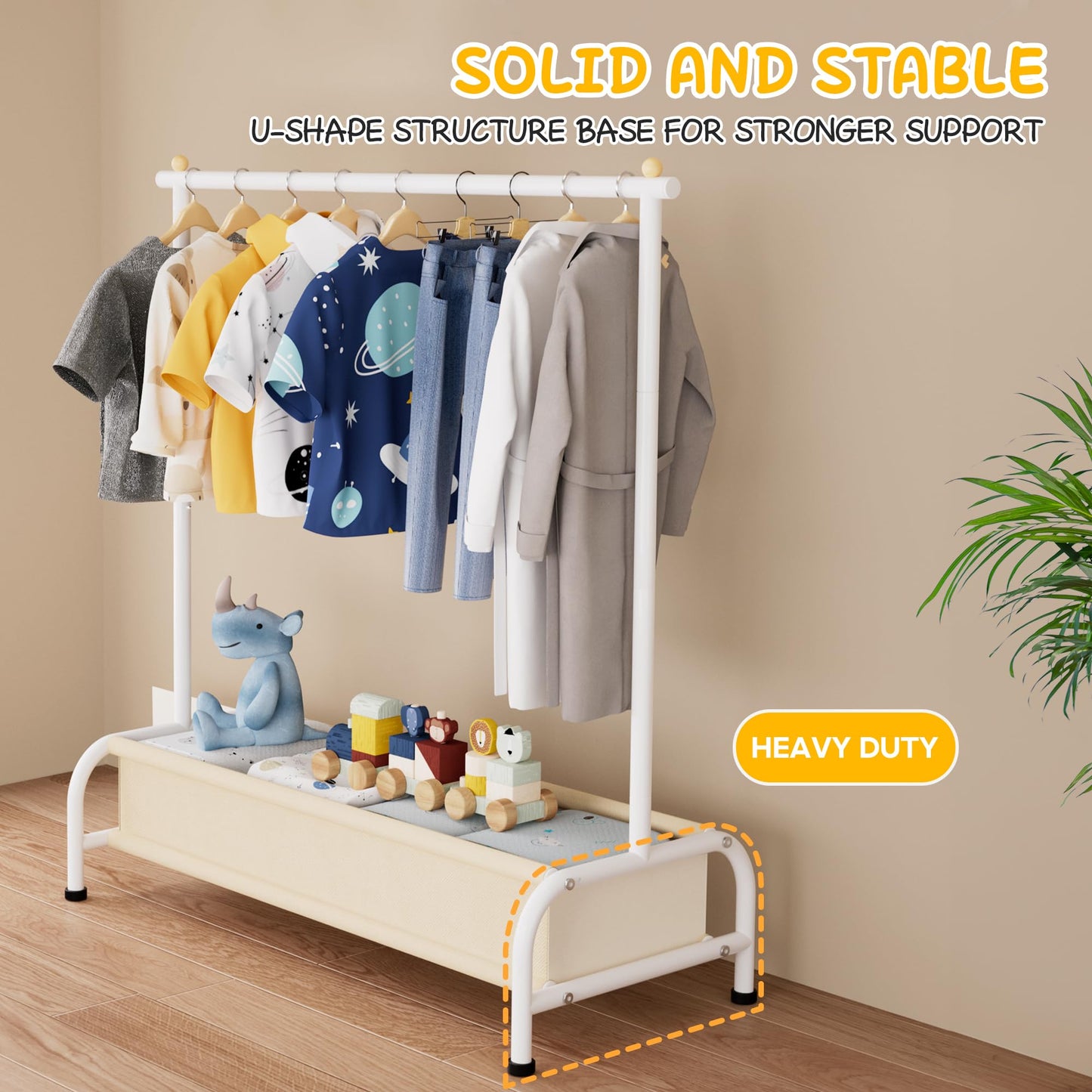 MISSLO Kids Clothing Rack with Basket Small Dress Up Storage Short Toddler Dress Up Rack Kids Closet for Baby Clothes, White
