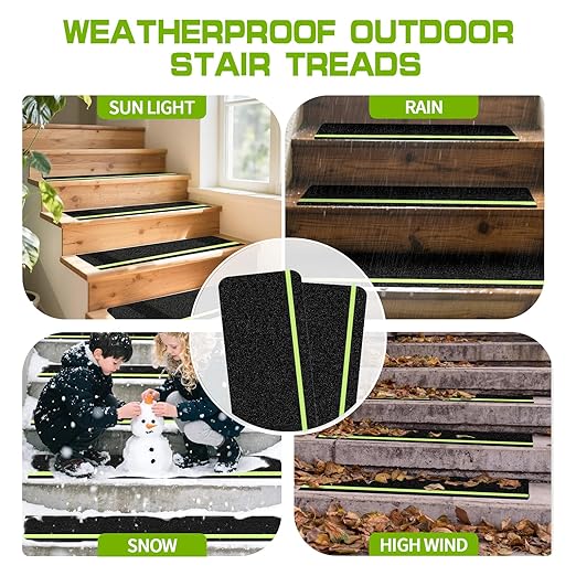 LadyRosian Outdoor Stair Treads Non Slip 10-Pack Black Glow 6" x 30" - Weather Resistant Adhesive Heavy Grip Tape - Waterproof Anti Skid Strips- Glow in The Dark 80-Grit Adhesive Treads