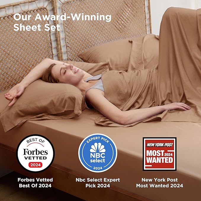 Bedsure Full Size Bed Sheets, Cooling Sheets, Rayon Derived from Bamboo, Breathable & Soft, Deep Pocket Up to 16 Inches, Hotel Luxury Silky Bedding for Hot Sleepers, Khaki