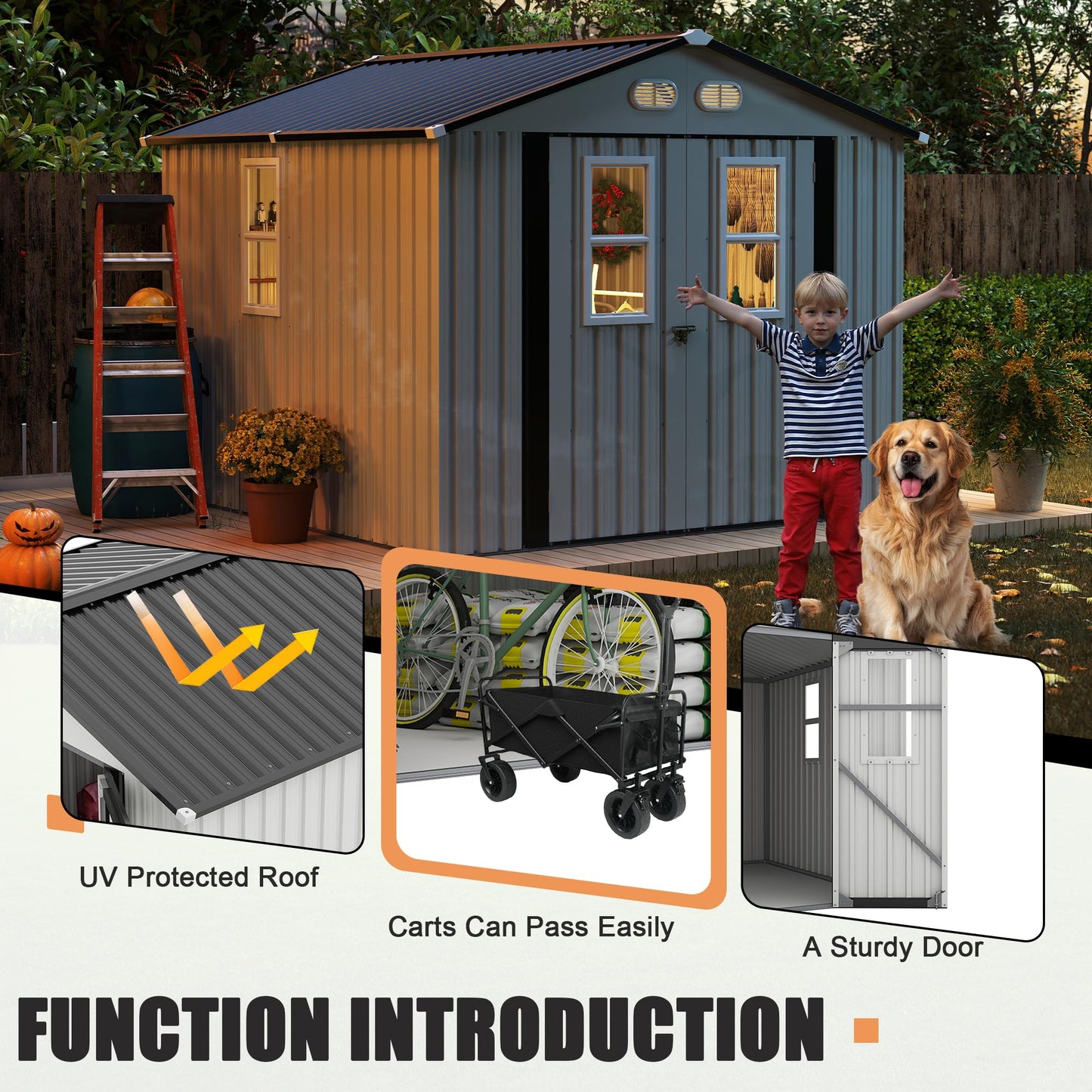 KEIKI 8x8 Outdoor Metal Storage Shed, Heavy-Duty Color Steel Construction with Protective Film, 4 Windows & Lockable Double Doors, Backyard Garden Utility Shed, White