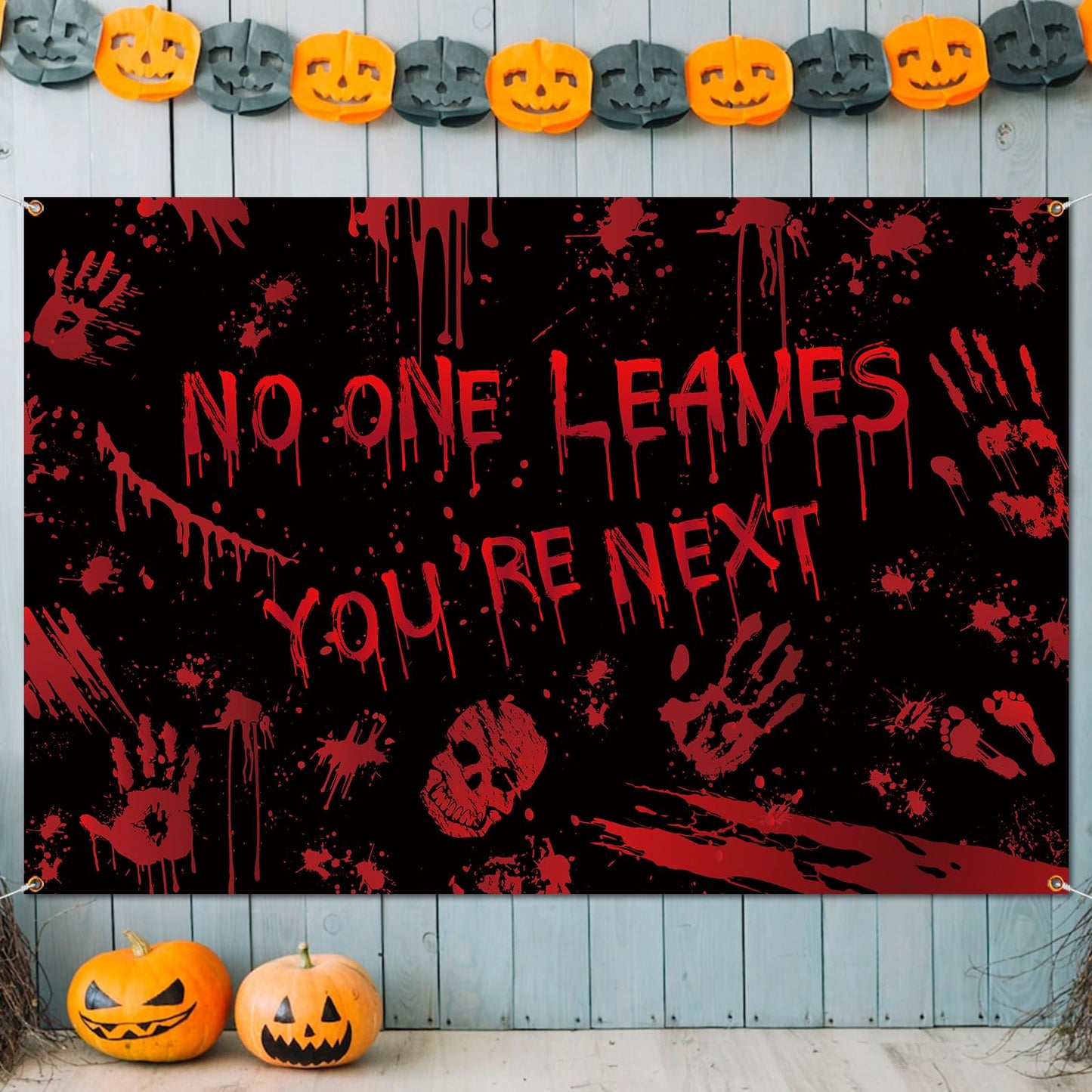 Bloody Halloween Decorations,Scary Halloween Backdrop No One Leaves Photo Background Banner Horror Movie Backdrop for Scary Halloween Party Decorations