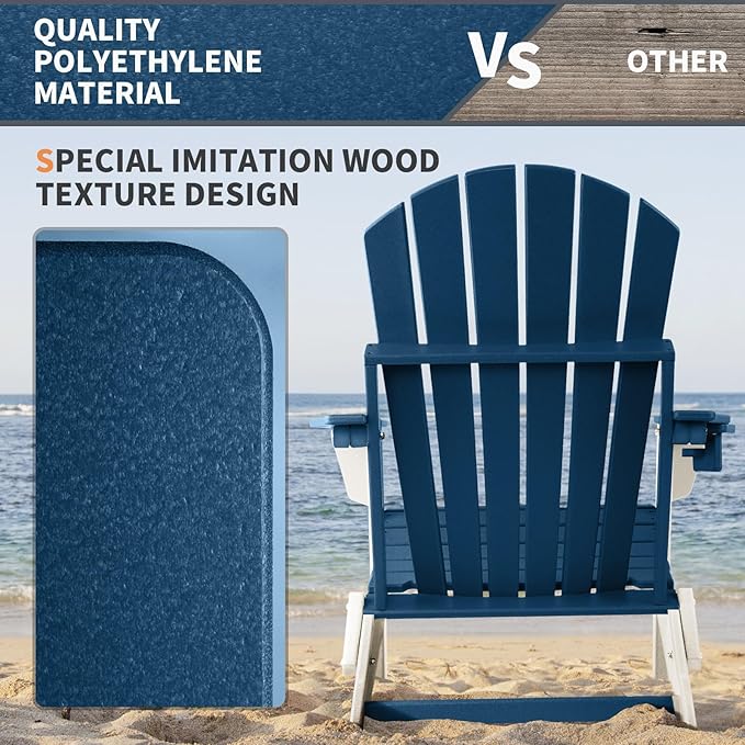 FUNBERRY Folding Adirondack Chair, Blue & White All Weather HDPE Fire Pit Chairs with Cup Holder for Outdoor