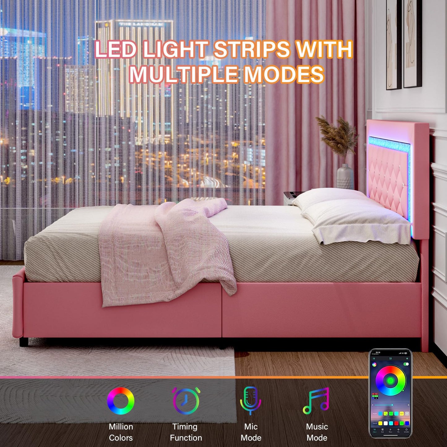 Twin Bed Frames with LED Lights and Storage Drawers, Upholstered Platform Bed with Diamond Headboard, Faux Leather Princess Platform Bed, No Box Spring Needed, Easy Assembly, Pink