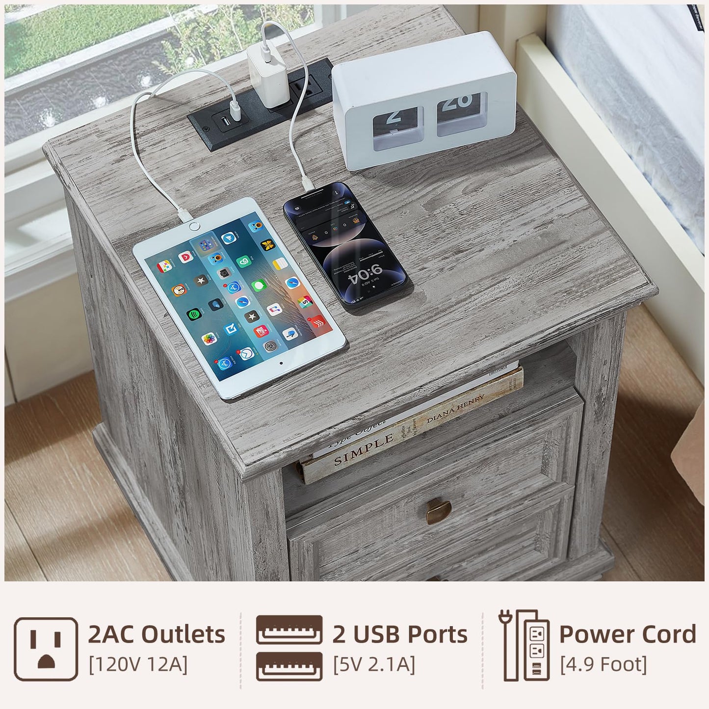 SAVOR LIFE Farmhouse Nightstand Set of 2 with Charging Station, Rustic Grey Nightstand,2 Drawers End Table for Living Room,Bedside Table with Open Shelf for Bed Room,Grey