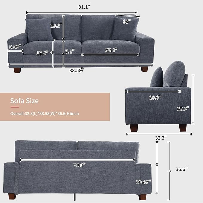 DOPEDIO Modern Loveseat Sofa for Living Room,Chenille Recliner, Removable Cover, Spring Cushions, Solid Wood Frame, Easy Assembly for Small Spaces (88.58inch，Blue)