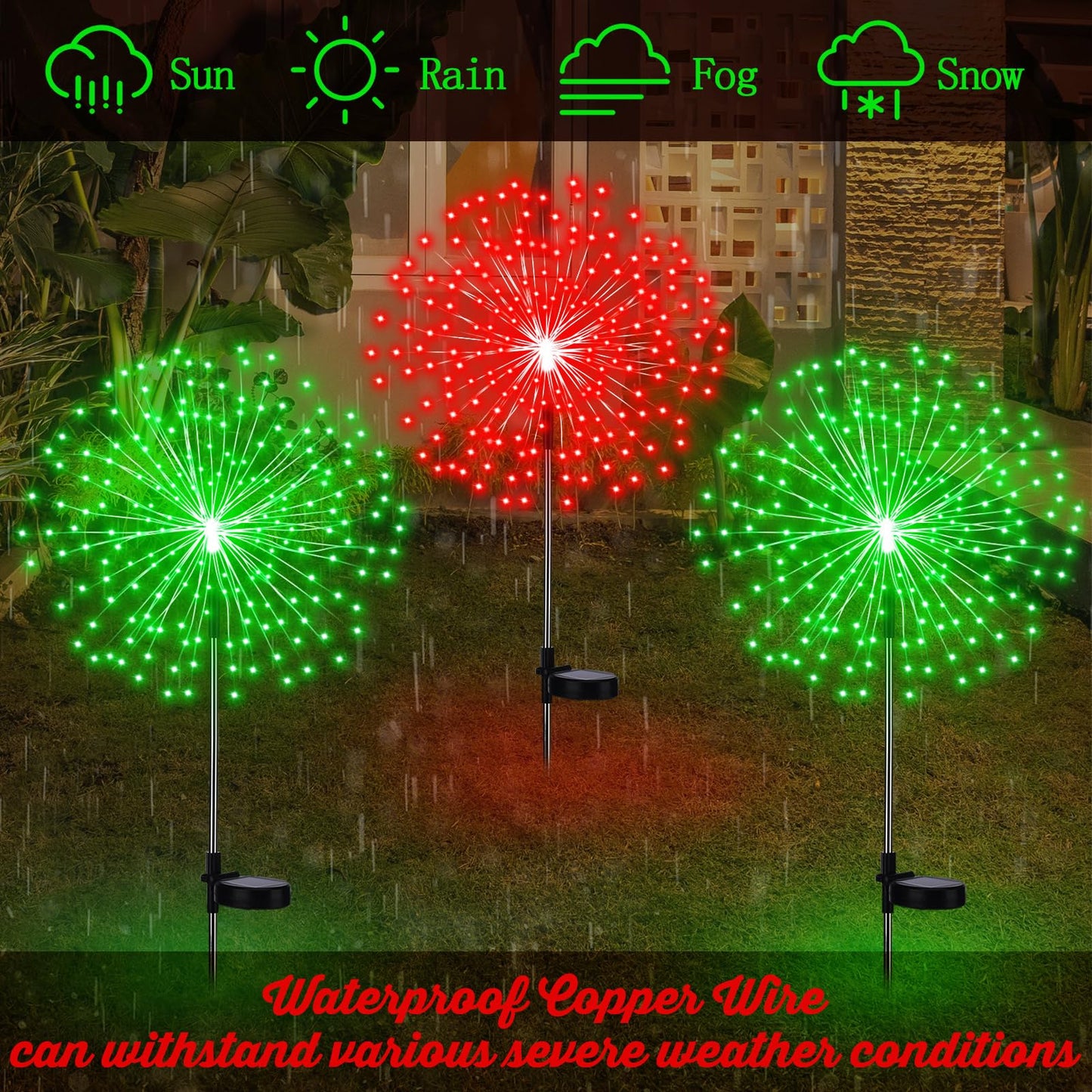 Tujoe 4 Pack Valentine's Day Solar Firework Lights Decorations Garden Pathway Solar Power Light Stake Waterproof with 180 LED 8 Modes for Valentine's Day Mardi Gras Decoration(Red Green)
