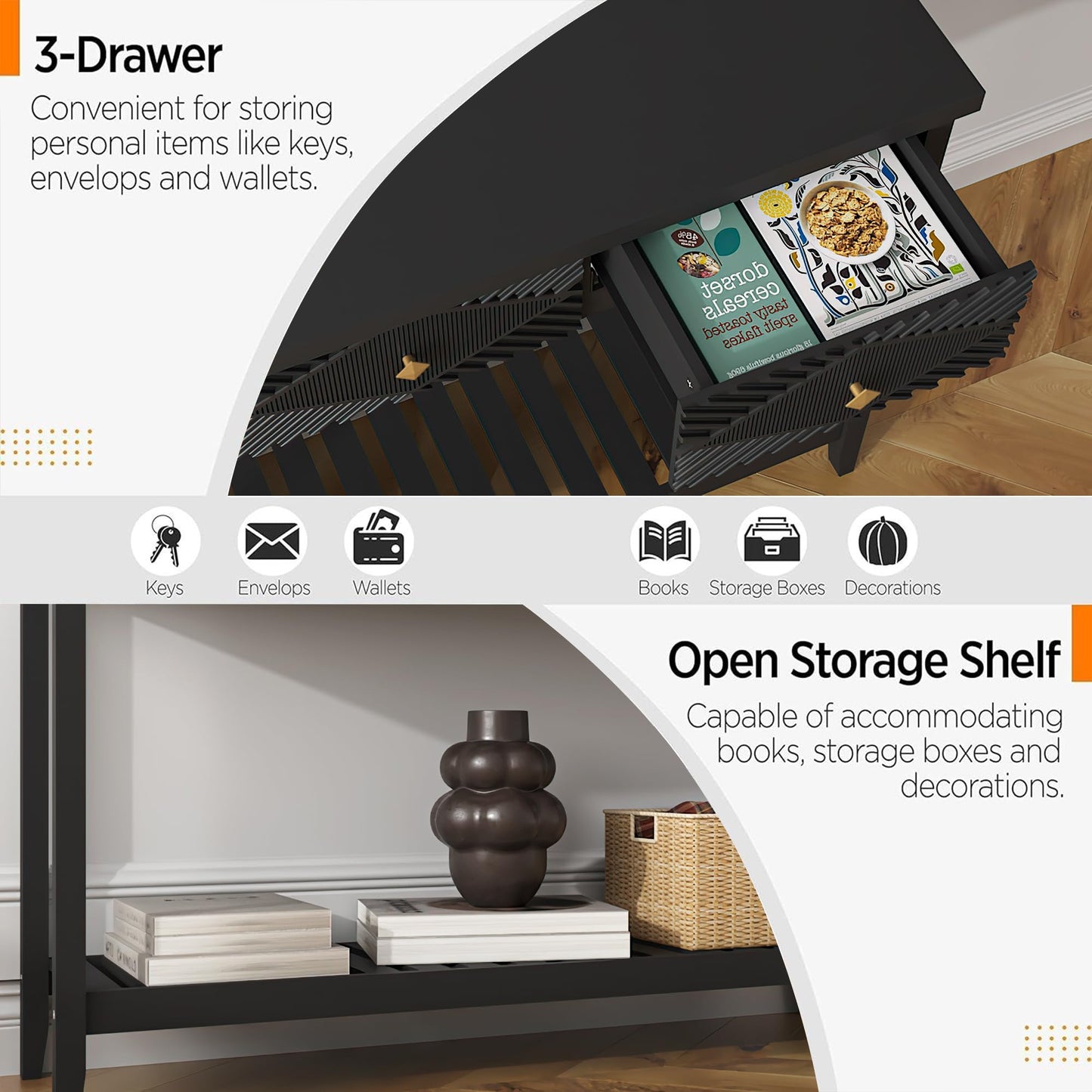 BHAODEAL 47" Console Table with 3 Drawers, Fluted Narrow Long Entryway Table with Storage Shelf, Accent Table for Entryway, Living Room, Behind Couch, Foyer, Hallway, Office