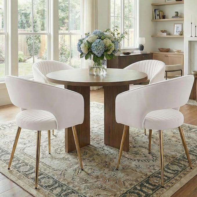 COMULER Cream Velvet Dining Chairs Gold Legs, Modern Dining Room Chairs with Arms Set of 4 Upholstered Accent Chair Armchair with Barrel Back for Kitchen Living Room