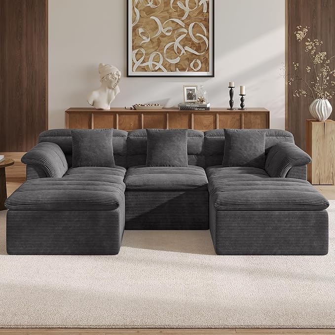 SUNG7 111.8" Modular Sofa with Ottoman, Boneless Cloud Couch with Deep Seat, Comfy U-Shape Corduroy Couches for Living Room, No Assembly Required, Dark Gray