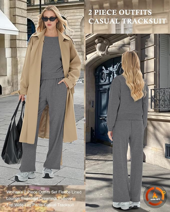 Sweetyweee Women's 2 Piece Outfits Set Fleece Lined Lounge Sweatsuit Crewneck Pullover Top Wide Leg Pants Casual Tracksuit