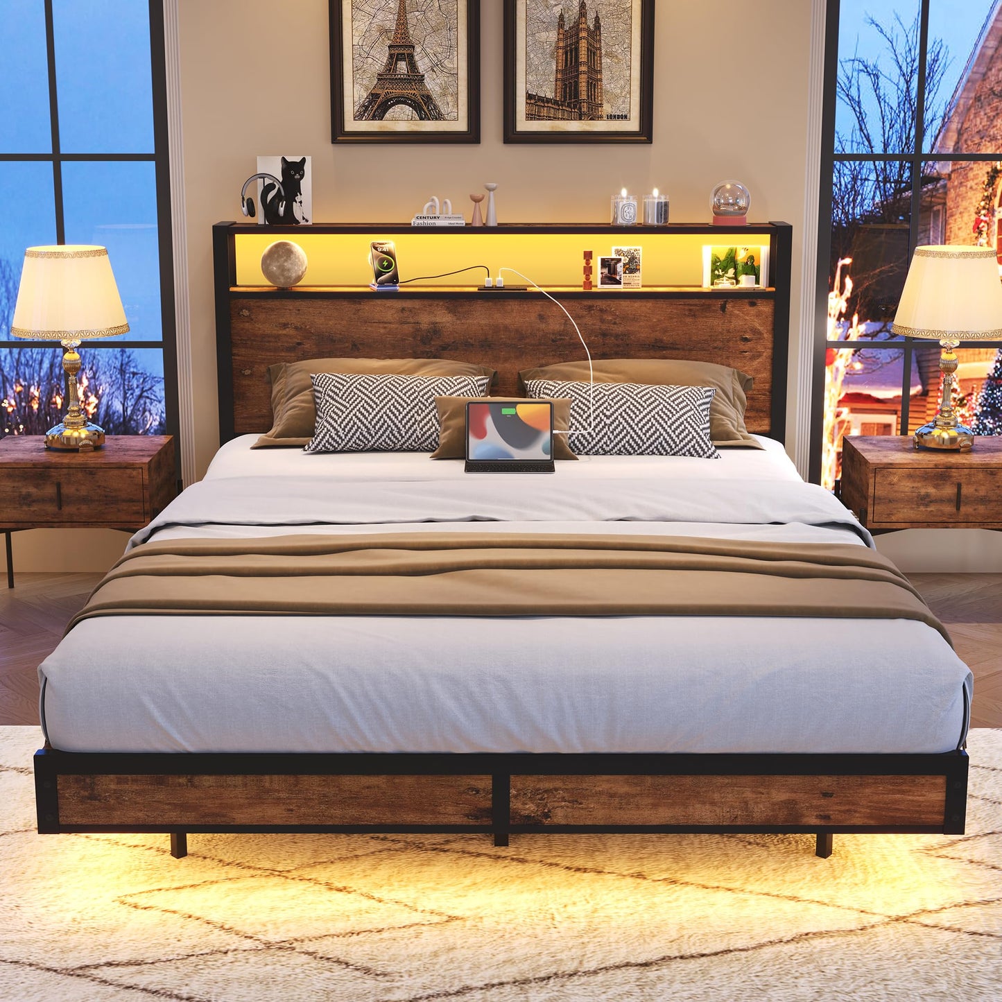 Bed Frame with 2-Tier Storage Headboard, Metal Platform Bed with Smart LED Lights & USB Charging Station, Noise-Free/Metal Support/No Box Spring Needed, Brown (Brown, Full)