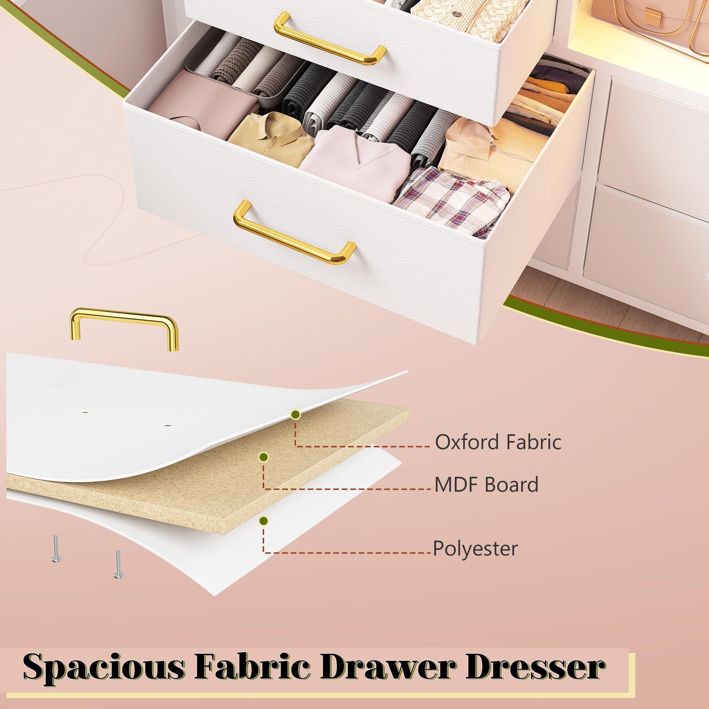 EnHomee White Dresser for Bedroom with 12 Drawers, Fabric Bedroom Dresser with LED Lights & Power Outlets Long Dressers & Chest of Drawers, Sturdy Metal Frame for Closet, Living Room, Hallway