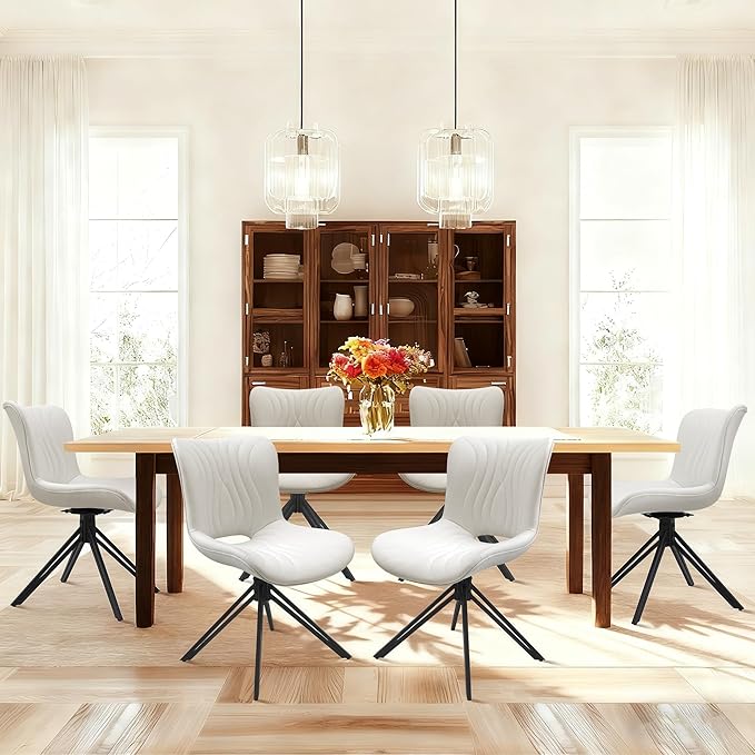 VATROS Dining Chairs Set of 6, 360° Swivel Upholstered Mid-Century Modern Kitchen Dining Room Chairs, Armless Faux Leather Accent Side Chair with Padded Back, Metal Legs for Living Room Bedrooms,White