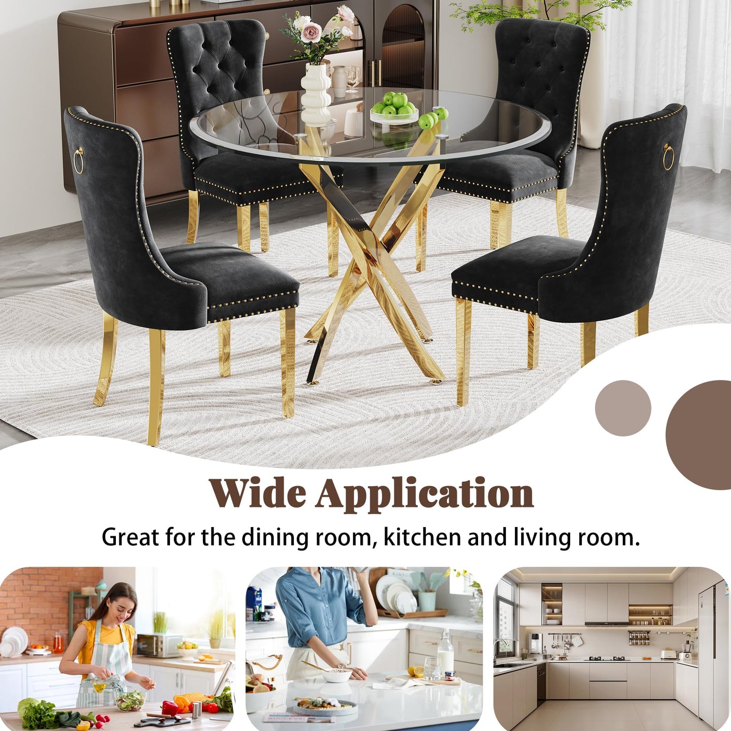 AMHDDT Round Glass Dining Table Set for 4, Modern 36" Clear Tempered Glass Kitchen Table with Gold Crossed Legs and 4 Black Velvet Upholstered Chairs, for Dining Room, Living Room, Apartment