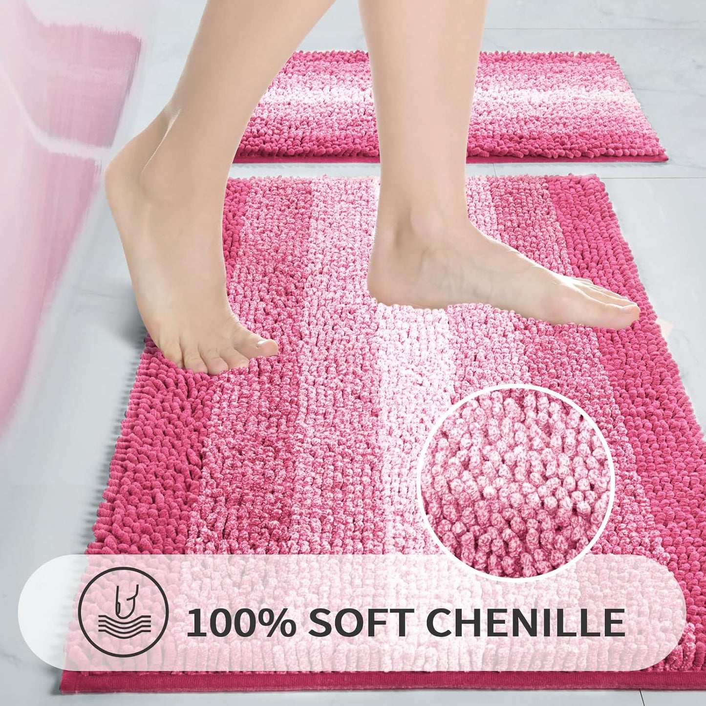 Gibelle Pink Bathroom Rugs, Luxury Chenille Bath Mat, Small Non Slip Shower Rug and Bath Room Floor Mats, Machine Washable, Quick Dry Bathmat, Soft Cozy Plush Rug for Tub, 20" x 32"